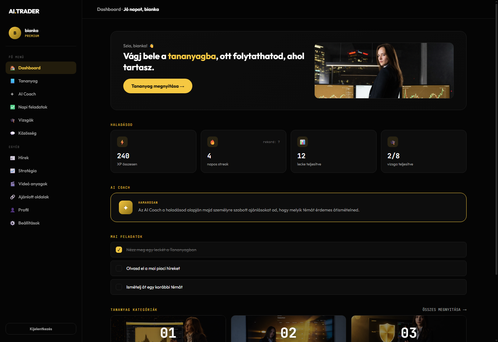 AI.Trader tanulói vezérlőpult